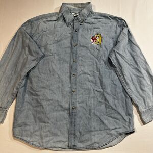 Vintage 90s M&M's Cyrk Denim Shirt XL Embroidered Red Character Flaw